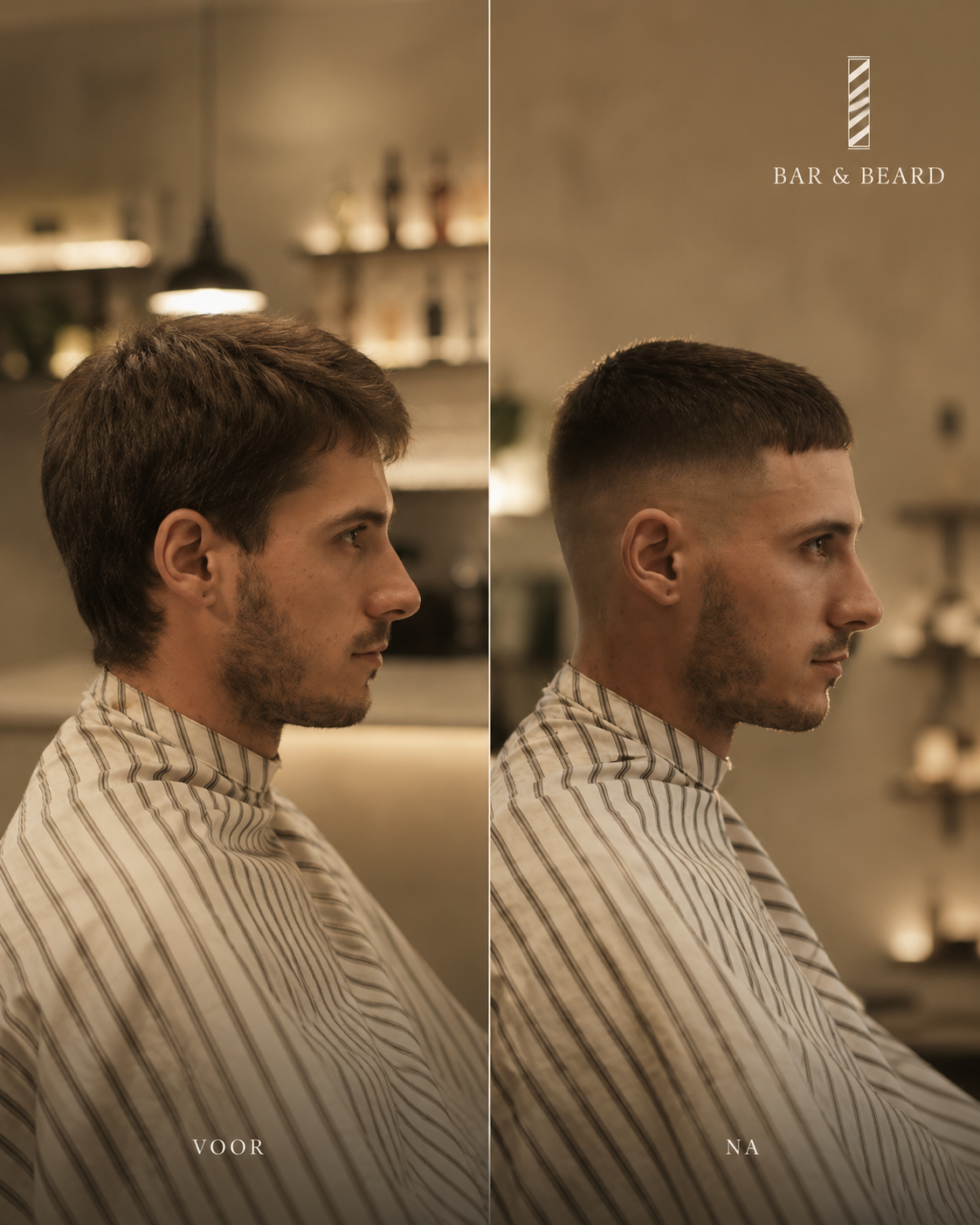 Voor en na: natuurlijke coupe naar strakke fade met baard
